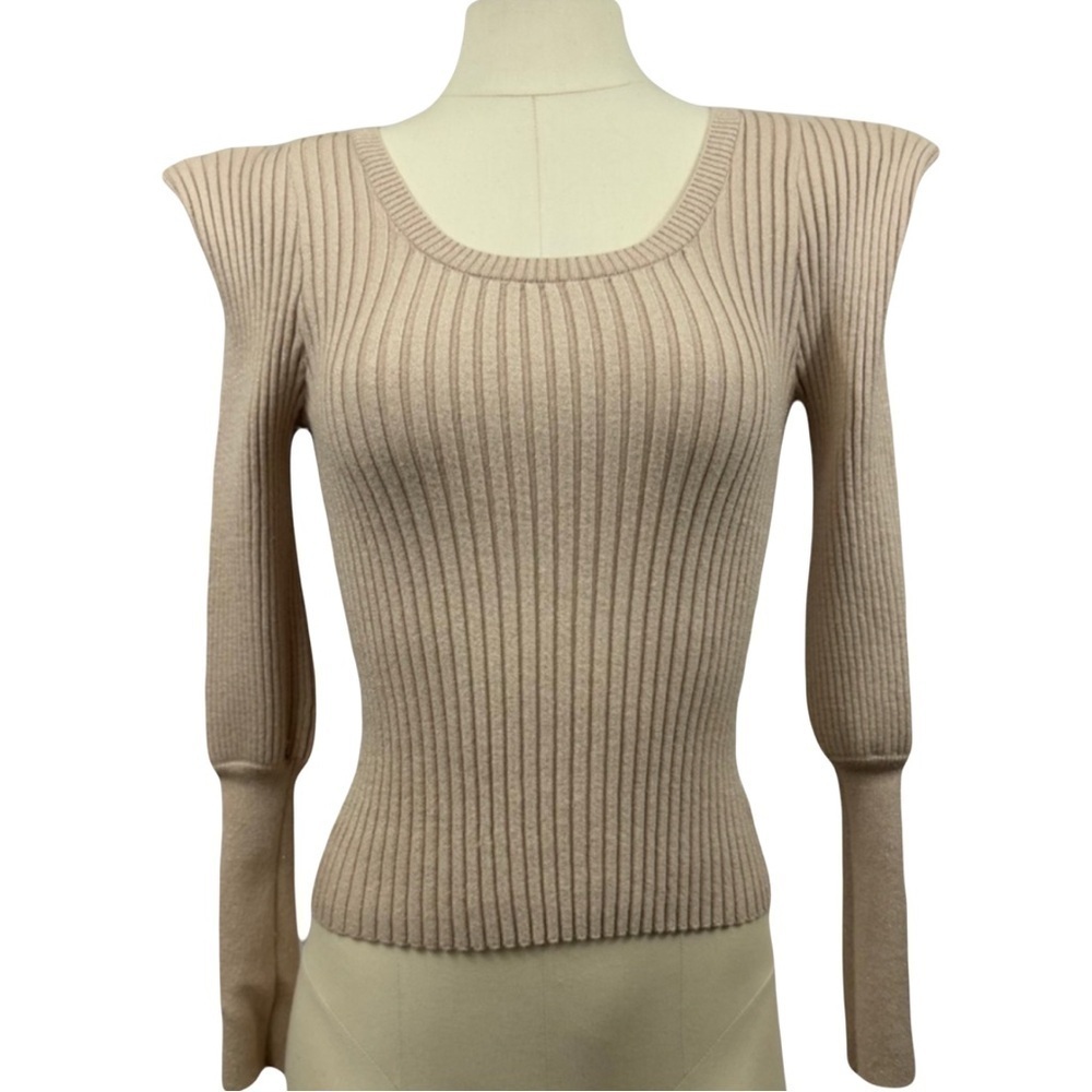 EXPRESS women’s beige knit pointed shoulder ribbed body con sweater